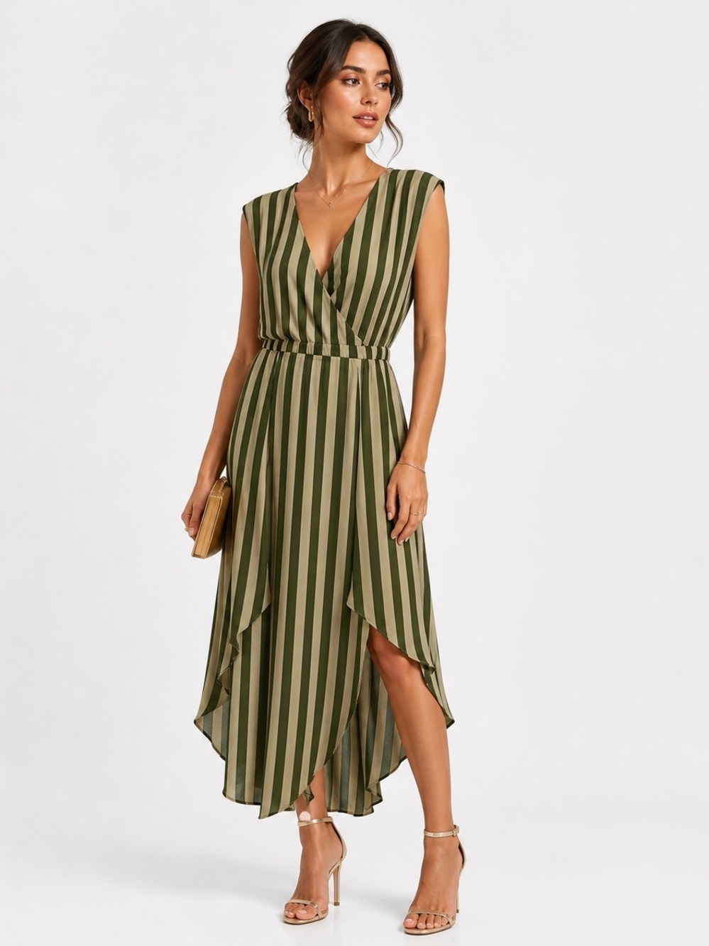 Kardashian Kollection Green and Cream Striped High-Low Dress XS